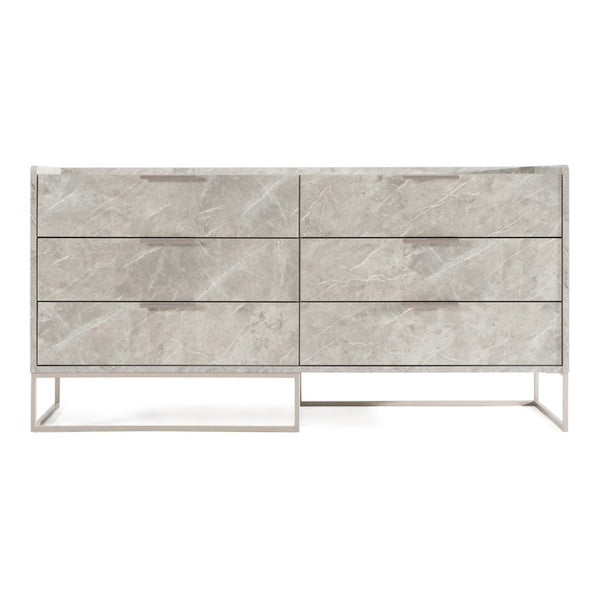 VIG Furniture Marbella Italian Modern Grey Marble Dresser With 6 Soft-Close Drawers, Champagne Steel Legs, 61" VGACMARBELLA-GRY-DRS