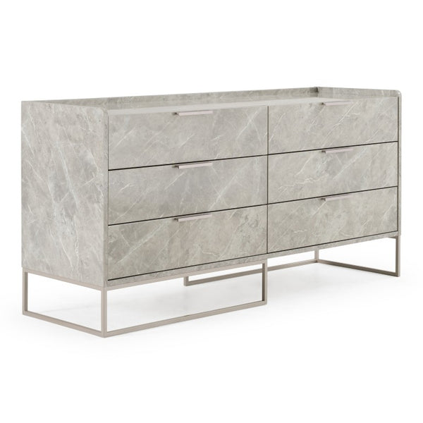 VIG Furniture Marbella Italian Modern Grey Marble Dresser With 6 Soft-Close Drawers, Champagne Steel Legs, 61" VGACMARBELLA-GRY-DRS