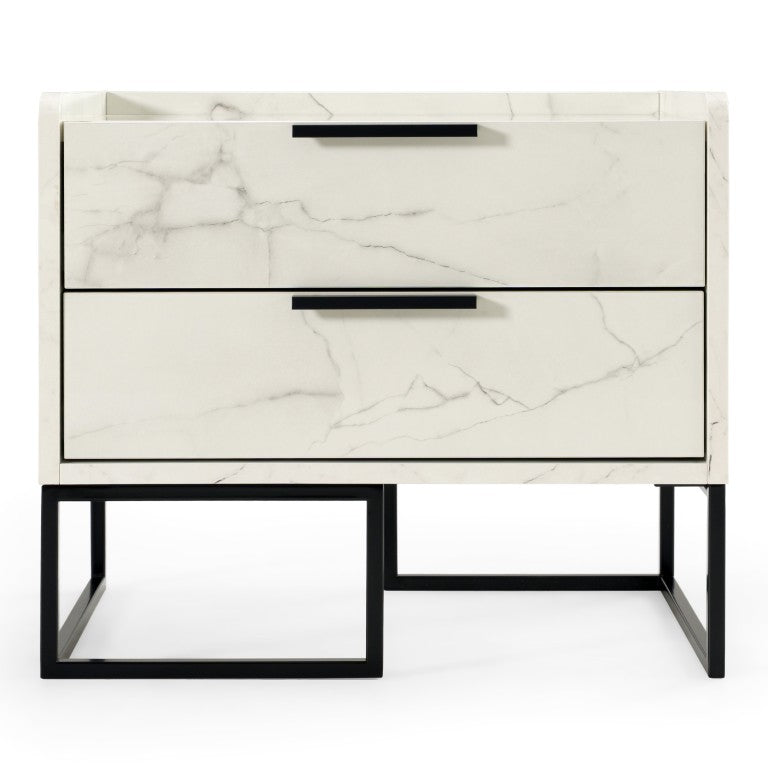 VIG Furniture Marbella Italian Modern Nightstand With White Marble-Look Veneer, Matte Black Legs, 2 Soft-Close Drawers VGACMARBELLA-NS