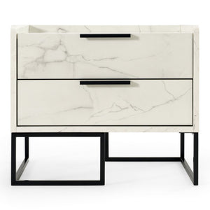 VIG Furniture Marbella Italian Modern Nightstand With White Marble-Look Veneer, Matte Black Legs, 2 Soft-Close Drawers VGACMARBELLA-NS