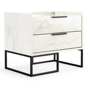 VIG Furniture Marbella Italian Modern Nightstand With White Marble-Look Veneer, Matte Black Legs, 2 Soft-Close Drawers VGACMARBELLA-NS