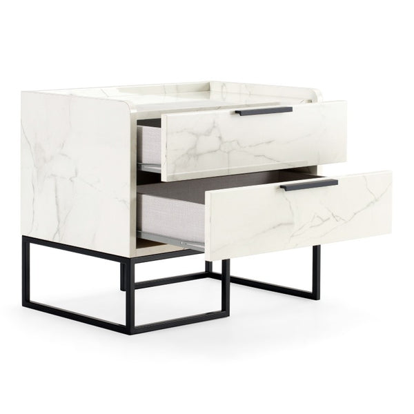 VIG Furniture Marbella Italian Modern Nightstand With White Marble-Look Veneer, Matte Black Legs, 2 Soft-Close Drawers VGACMARBELLA-NS