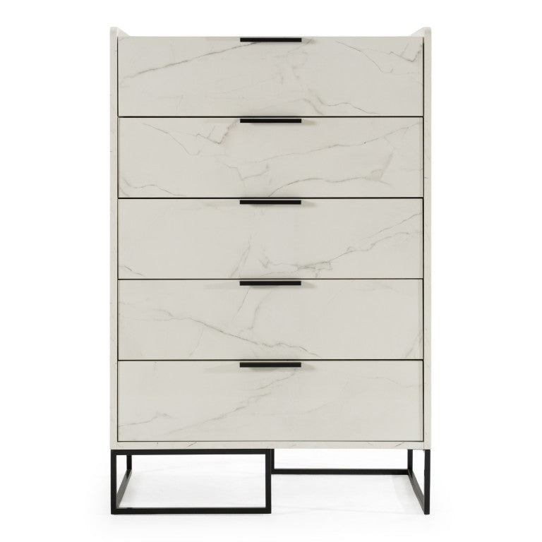 VIG Furniture Marbella Italian-Made White Marble Veneer Chest With 5 Soft-Close Drawers & Matte Black Accents VGACMARBELLA-CHEST