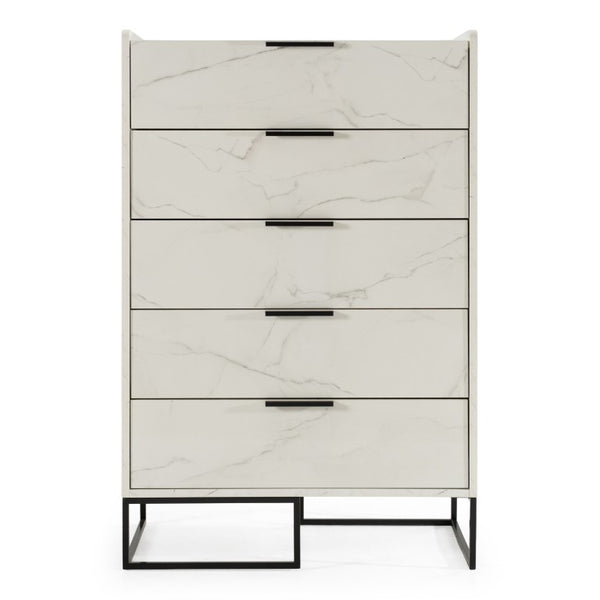 VIG Furniture Marbella Italian-Made White Marble Veneer Chest With 5 Soft-Close Drawers & Matte Black Accents VGACMARBELLA-CHEST