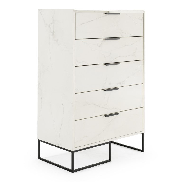 VIG Furniture Marbella Italian-Made White Marble Veneer Chest With 5 Soft-Close Drawers & Matte Black Accents VGACMARBELLA-CHEST