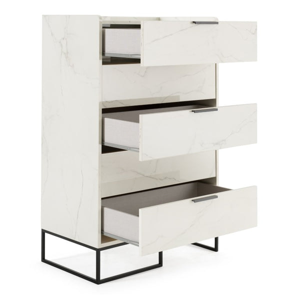 VIG Furniture Marbella Italian-Made White Marble Veneer Chest With 5 Soft-Close Drawers & Matte Black Accents VGACMARBELLA-CHEST