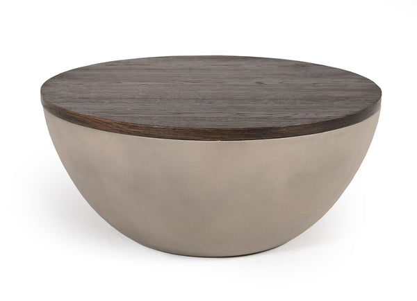 VIG Furniture Marie Round Concrete Base Coffee Table With Brown Solid Oak Top, 28" Diameter, Modern Sculptural Design VGLBRYAN-CF70-02
