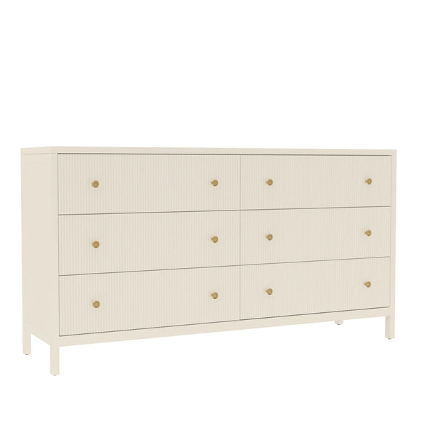 Marsha Six Drawer Dresser Rubberwood Brass Knobs Modern Farmhouse Bedroom Storage