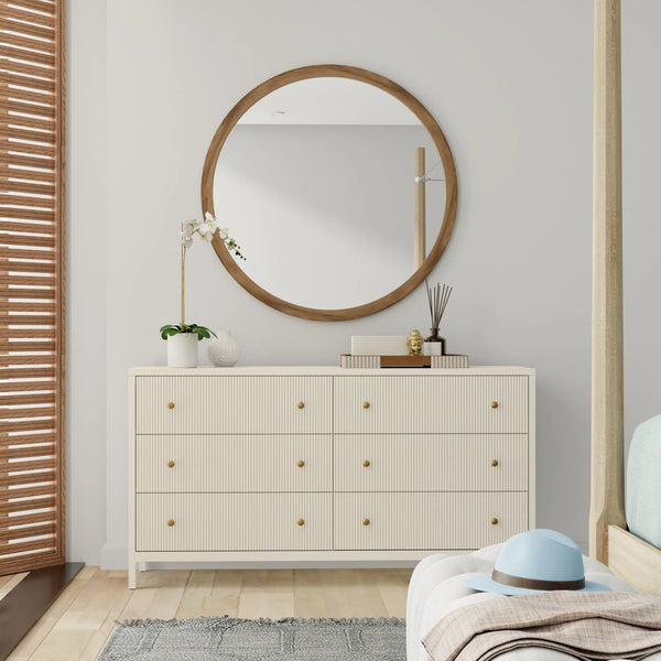 Alpine Furniture Marsha Six Drawer Dresser Rubberwood Brass Knobs Modern Farmhouse Bedroom Storage Walnut 2368WAL-03