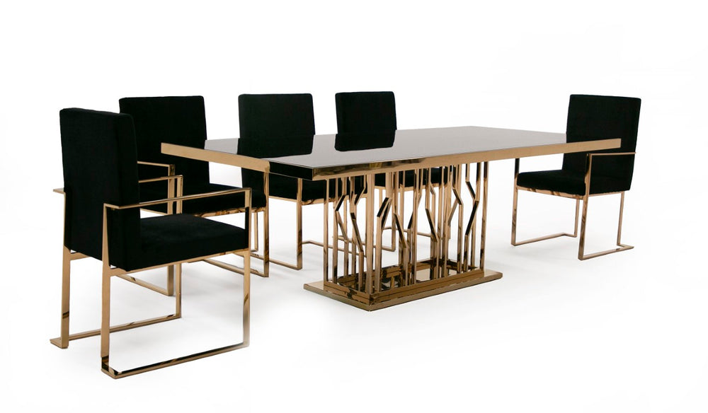 VIG Furniture Marston Sculptural Black Glass Dining Table With Polished Rosegold Base Seats 6–8, Glamorous Finish VGVCT8919-G