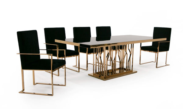 VIG Furniture Marston Sculptural Black Glass Dining Table With Polished Rosegold Base Seats 6–8, Glamorous Finish VGVCT8919-G