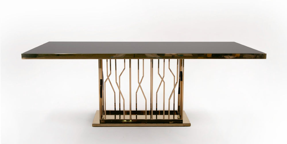 VIG Furniture Marston Sculptural Black Glass Dining Table With Polished Rosegold Base Seats 6–8, Glamorous Finish VGVCT8919-G