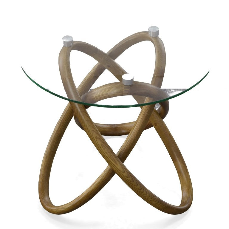 VIG Furniture Mason Round Glass & Walnut Side Table With Sculptural Interlocking Ash Base For Modern Rooms VGCSLT-20051-BRN-ET