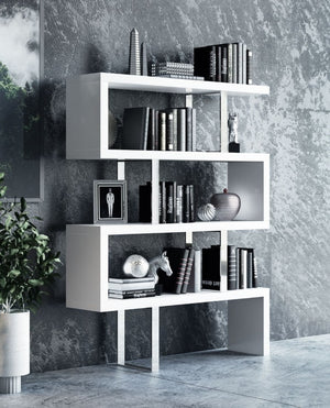 VIG Furniture Maze Zig-Zag White High-Gloss Bookcase With Stainless Steel Braces — Modern Display & Storage Unit VGBBMD105-WHT