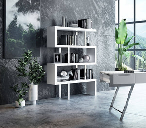 VIG Furniture Maze Zig-Zag White High-Gloss Bookcase With Stainless Steel Braces — Modern Display & Storage Unit VGBBMD105-WHT