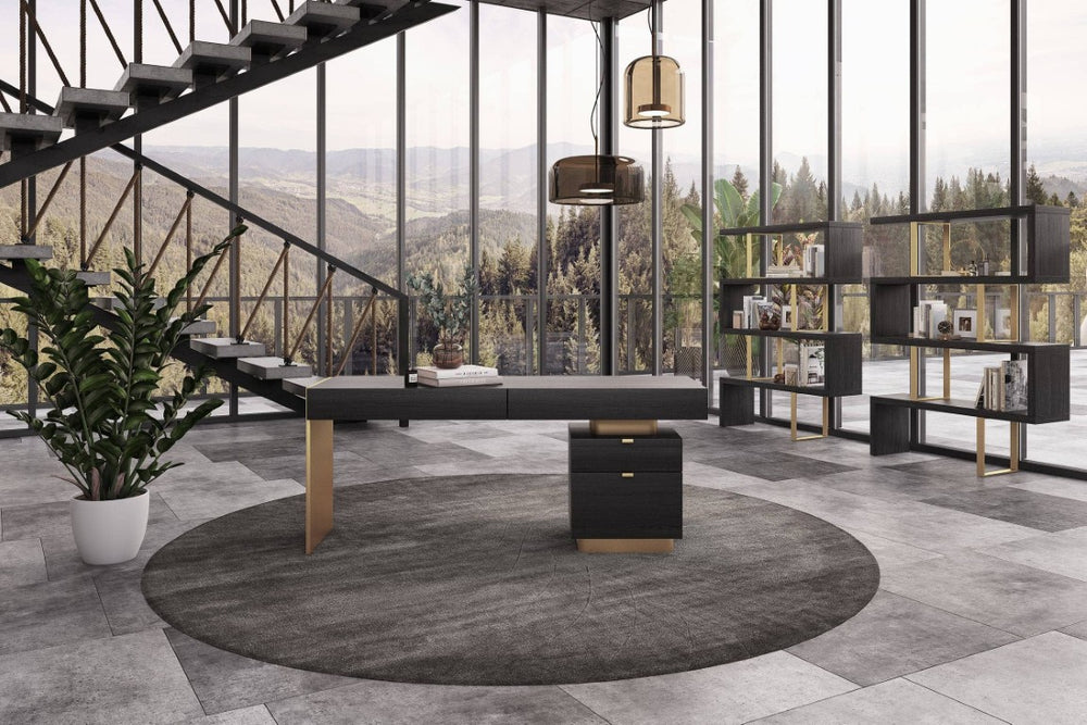 VIG Furniture Maze Vertical Elm Grey & Gold Bookcase With 4 Open Shelves, Slim Modern Storage & Durable Stainless Frame VGBBMT1303-GLD-BOOK