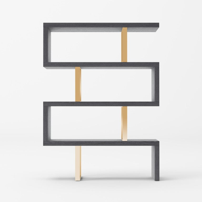 VIG Furniture Maze Vertical Elm Grey & Gold Bookcase With 4 Open Shelves, Slim Modern Storage & Durable Stainless Frame VGBBMT1303-GLD-BOOK