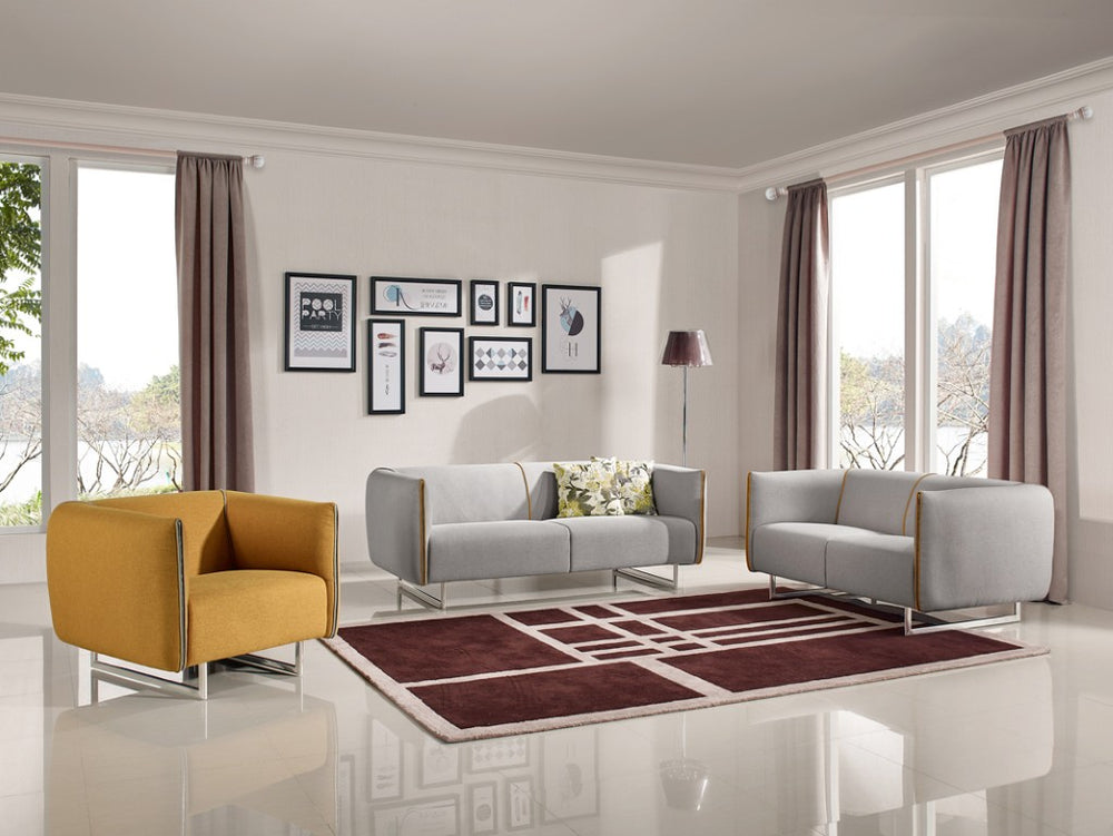 VIG Furniture Medora Grey & Yellow Fabric Sofa Set With Zipper Trim, Metal Legs, Boxy Modern Profile, 3-Piece VGMB-1661-GRY