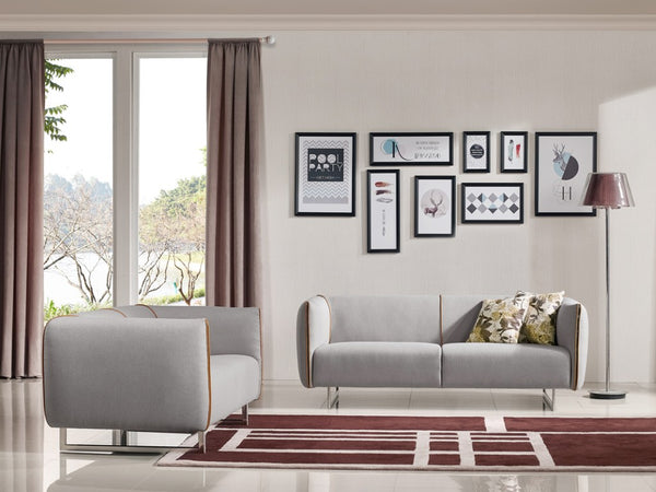VIG Furniture Medora Grey & Yellow Fabric Sofa Set With Zipper Trim, Metal Legs, Boxy Modern Profile, 3-Piece VGMB-1661-GRY