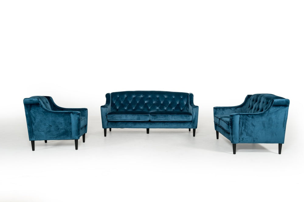 VIG Furniture Carly Blue Velour Loveseat With Tufted Back, Tapered Wood Legs, Plush Comfort For Small Spaces VGMB-1702-BLU-LOVE