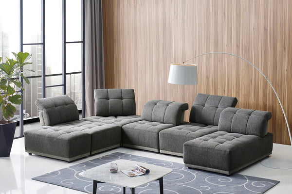 VIG Furniture Ekron Modular 7-Piece Fabric Sofa Set With Ottoman, Channel-Tufted Cushions & Adjustable Headrests Dark Grey Sectional Sofa VGMB-1881-GRY