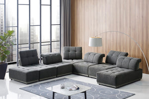 VIG Furniture Ekron Modular 7-Piece Fabric Sofa Set With Ottoman, Channel-Tufted Cushions & Adjustable Headrests Dark Grey Sectional Sofa VGMB-1881-GRY