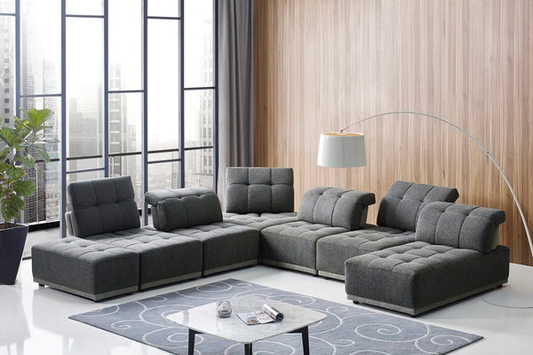 VIG Furniture Ekron Modular 7-Piece Fabric Sofa Set With Ottoman, Channel-Tufted Cushions & Adjustable Headrests Dark Grey Sectional Sofa VGMB-1881-GRY