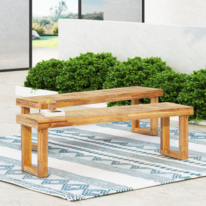 English Elm Nestor Solid Acacia Outdoor Bench Set of Two Slatted Natural Wood Patio Seating 63892.00