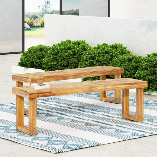 English Elm Nestor Solid Acacia Outdoor Bench Set of Two Slatted Natural Wood Patio Seating 63892.00