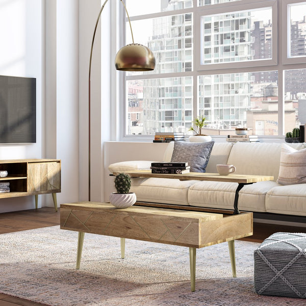 English Elm Jager Lift Top Coffee Table - Handcrafted Natural Mango Wood With Gold Accents & Hidden Storage B136P158756