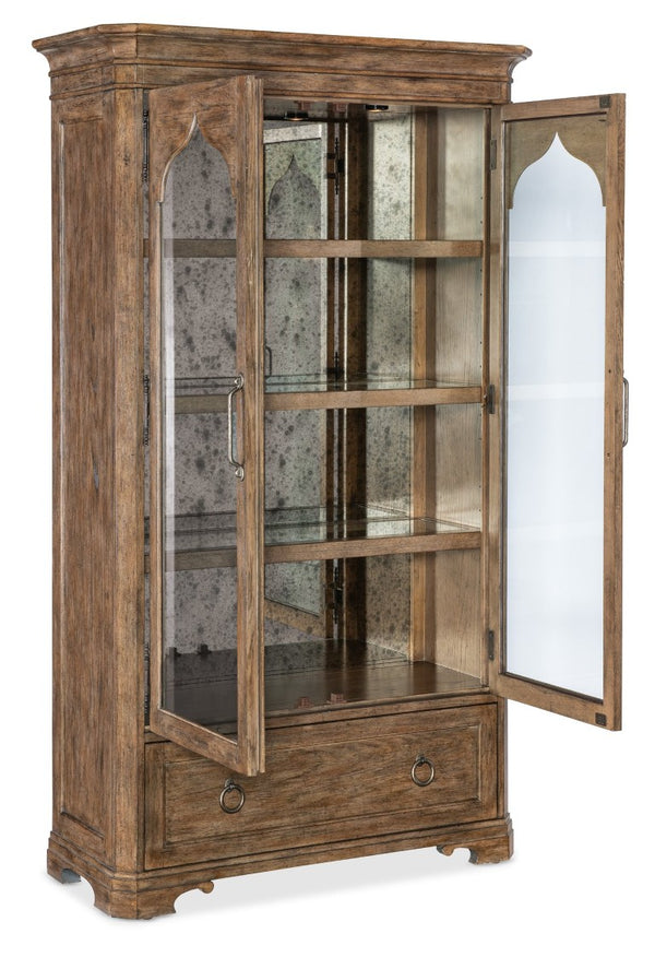 Hooker Furniture Americana Honey Display Cabinet With Antique Mirror Back, Adjustable Shelves, Lighting & Drawer 7050-75908-85
