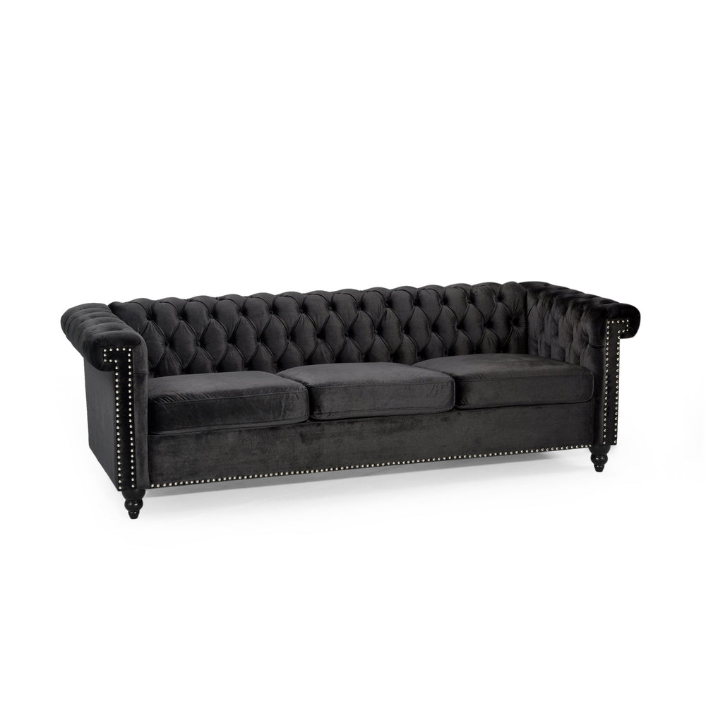 English Elm Christopher Knight Home® - SOFA Chesterfield-inspired 3-seater with deep button tufting, nailhead trim, low back and plush PU upholstery Black 68326.00NVLTBLK