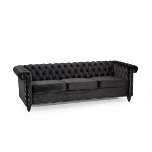 English Elm Christopher Knight Home® - SOFA Chesterfield-inspired 3-seater with deep button tufting, nailhead trim, low back and plush PU upholstery Black 68326.00NVLTBLK