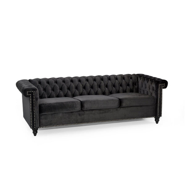 English Elm Christopher Knight Home® - SOFA Chesterfield-inspired 3-seater with deep button tufting, nailhead trim, low back and plush PU upholstery Black 68326.00NVLTBLK