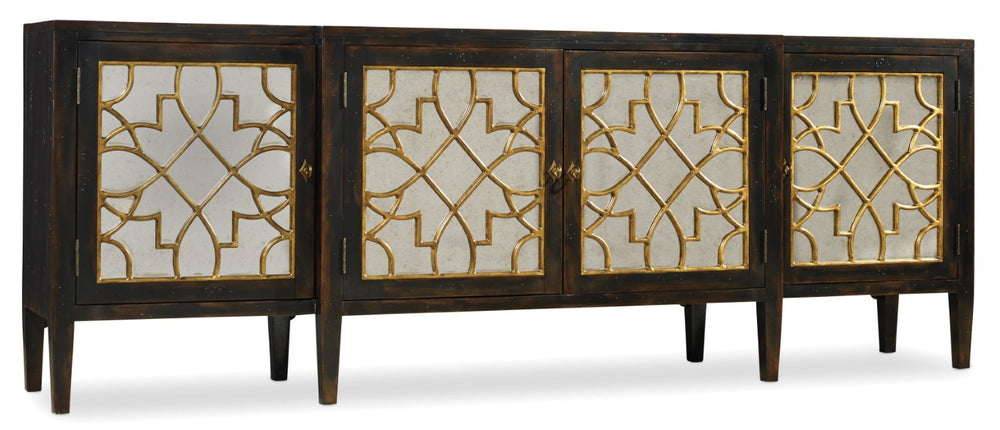 Hooker Furniture Sanctuary Four-Door Mirrored Console With Ebony Finish, Gold Leaf Fretwork & Adjustable Shelving 3005-85005