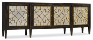Hooker Furniture Sanctuary Four-Door Mirrored Console With Ebony Finish, Gold Leaf Fretwork & Adjustable Shelving 3005-85005