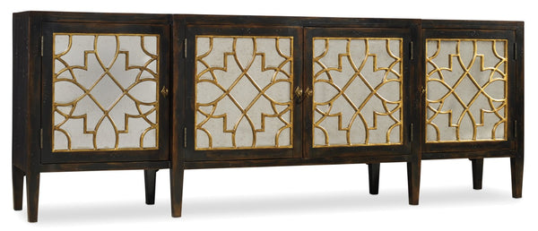 Hooker Furniture Sanctuary Four-Door Mirrored Console With Ebony Finish, Gold Leaf Fretwork & Adjustable Shelving 3005-85005