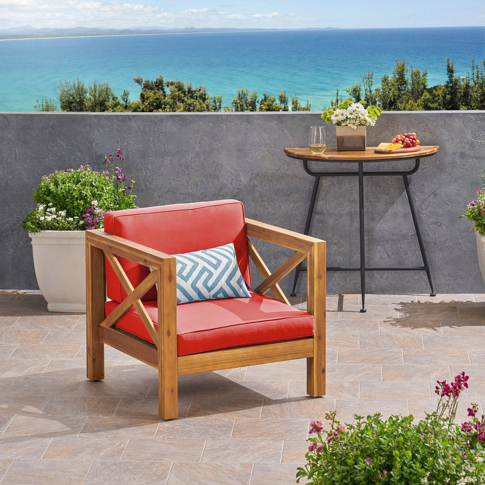 English Elm Brava Outdoor Acacia Wood Club Chair with Slatted Cross-back Mid-century Patio Design 65545.00RED