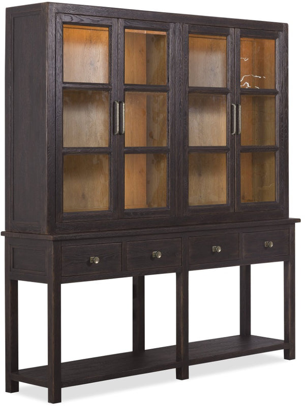 Hooker Furniture Driftwood Buckboard Display Sideboard With Glass Doors, Adjustable Shelves & Self-Closing Drawers Blacks 6820-75900-99