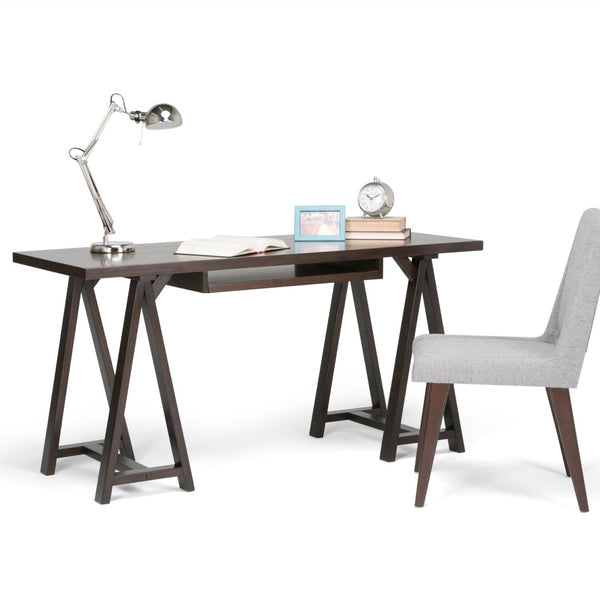 English Elm Sawhorse Desk - Dark Chestnut Brown, Solid Wood, Industrial Style With Keyboard Tray For Home Office B136P158231-GIGA