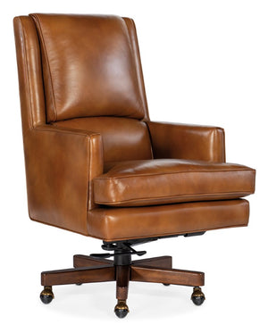 Hooker Furniture Wright Executive Swivel Tilt Chair With Semi-Aniline Top-Grain Leather, High-Back Support, Wood Base Light Brown EC387-C7-085