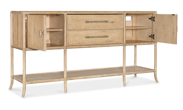 Hooker Furniture Retreat Pole Rattan Sideboard With Rope Accents, Dune Oak Veneer, Soft Pewter Hardware & Storage Light Wood 6950-75917-80