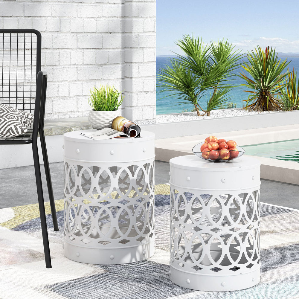 English Elm Outdoor Powder-coated Iron Nesting Accent Tables Set of 2 Laser-cut Circle Design White 73606.00WHI