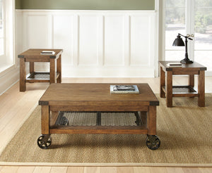 English Elm Steve Silver - Hailee Industrial 3-Piece Brown Wood Table Set with Distressed Oak, Wire Mesh Shelf & Locking Casters B081S00387