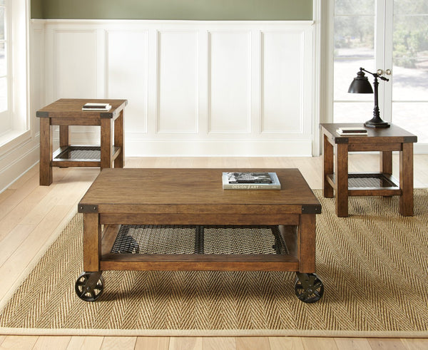 English Elm Steve Silver - Hailee Industrial 3-Piece Brown Wood Table Set with Distressed Oak, Wire Mesh Shelf & Locking Casters B081S00387