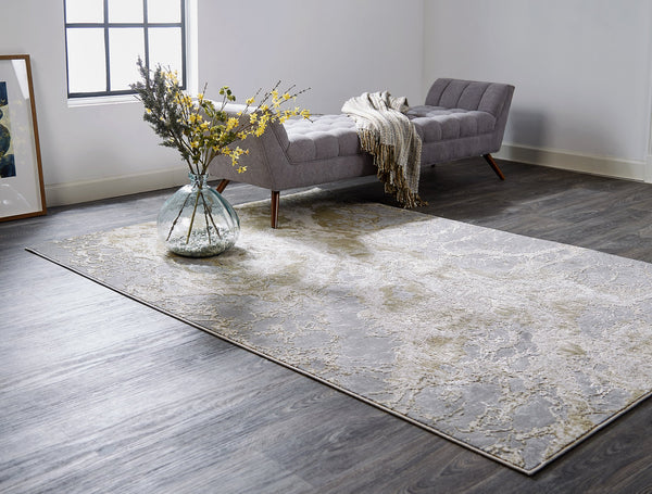 Feizy Rugs Aura Contemporary High-low Pile Abstract Rug In Gold And Champagne - Durable Machine Made Design Ivory,Silver,Gold Polyester,Polypropylene Aur3563fbgegryj20