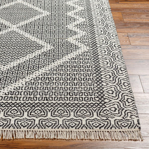 Livabliss Mardin Handwoven Wool Flatweave Rug with Fringe for Entryway or Bohemian Accent Spaces Beige, Black 5' x 7'6" MDI2315-576