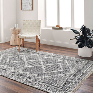 Livabliss Mardin Handwoven Wool Flatweave Rug with Fringe for Entryway or Bohemian Accent Spaces Beige, Black 5' x 7'6" MDI2315-576