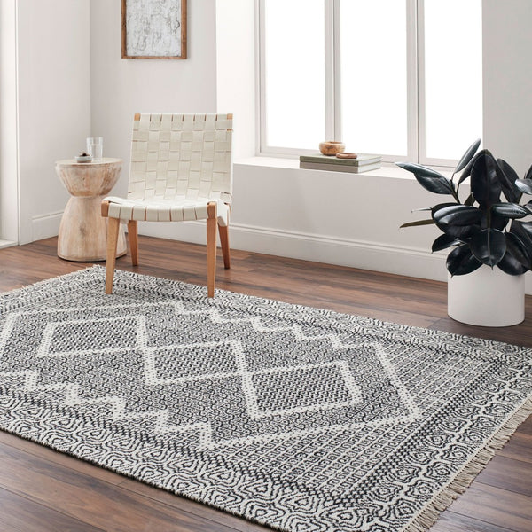 Livabliss Mardin Handwoven Wool Flatweave Rug with Fringe for Entryway or Bohemian Accent Spaces Beige, Black 5' x 7'6" MDI2315-576