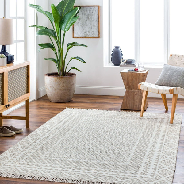 Livabliss Mardin Handwoven Wool Flatweave Rug Bohemian Fringe Accent for Entryway or Kitchen Beige, Medium G 3'6" x 5'6" MDI2318-3656